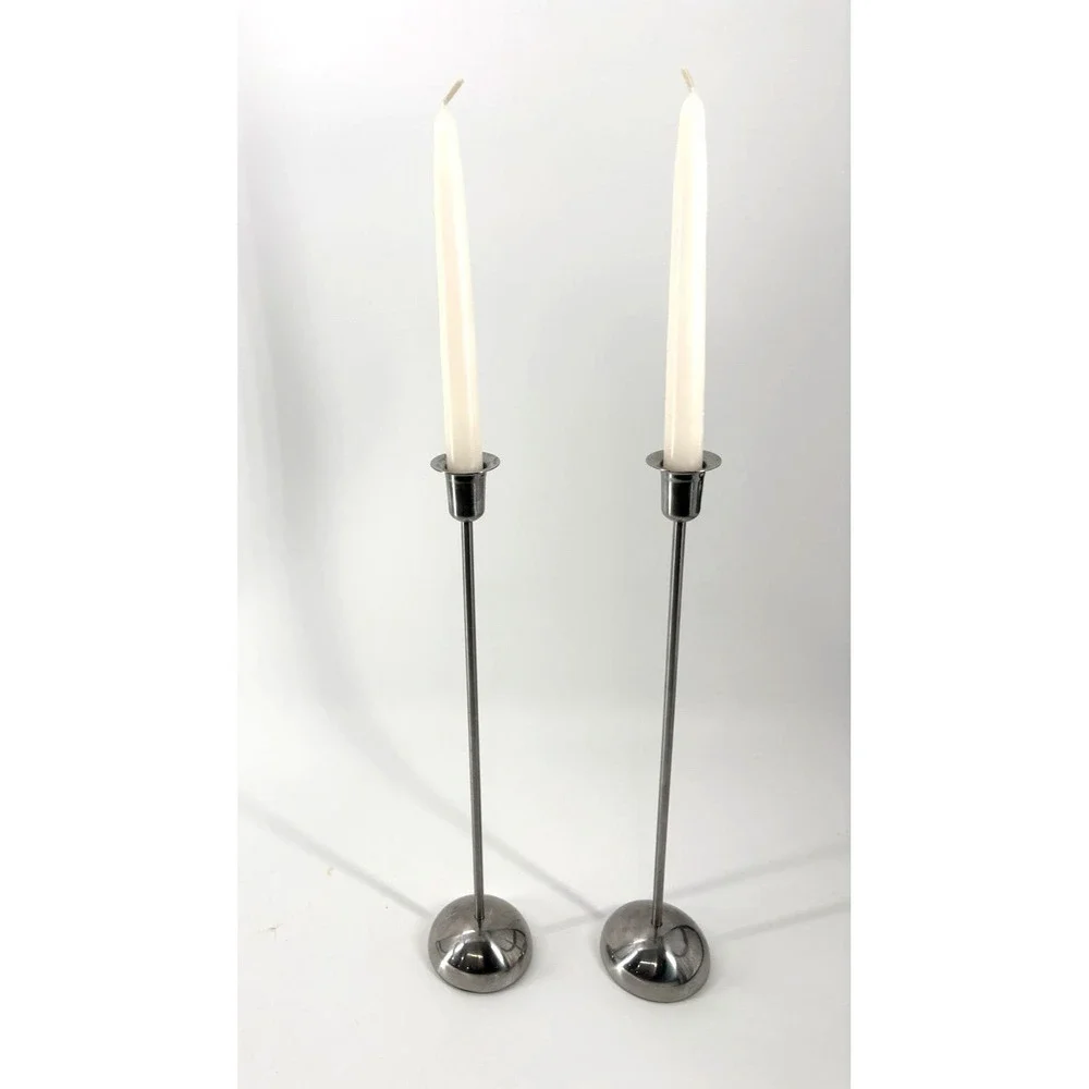 Vintage IKEA Stockholm Nickel Metal Taper Candle Holders Set 2 Modernist 90s